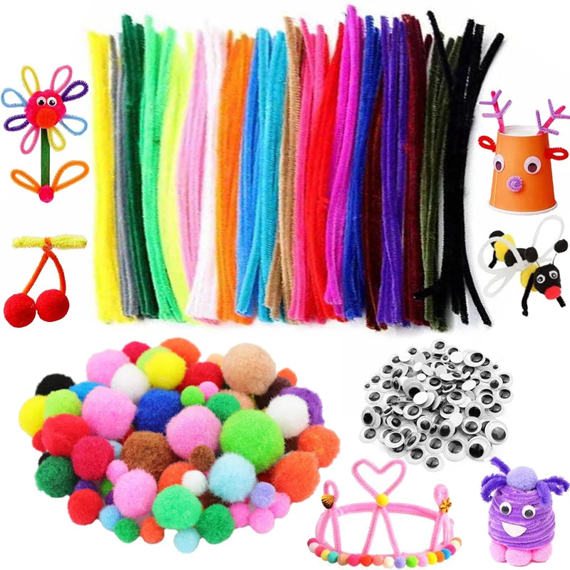 300pcs Kids Art & Craft Supplies Set – Pipe Cleaners, Pompoms & Self-Adhesive Wiggle Eyes – DIY Activities, Classroom Projects & Party Crafts