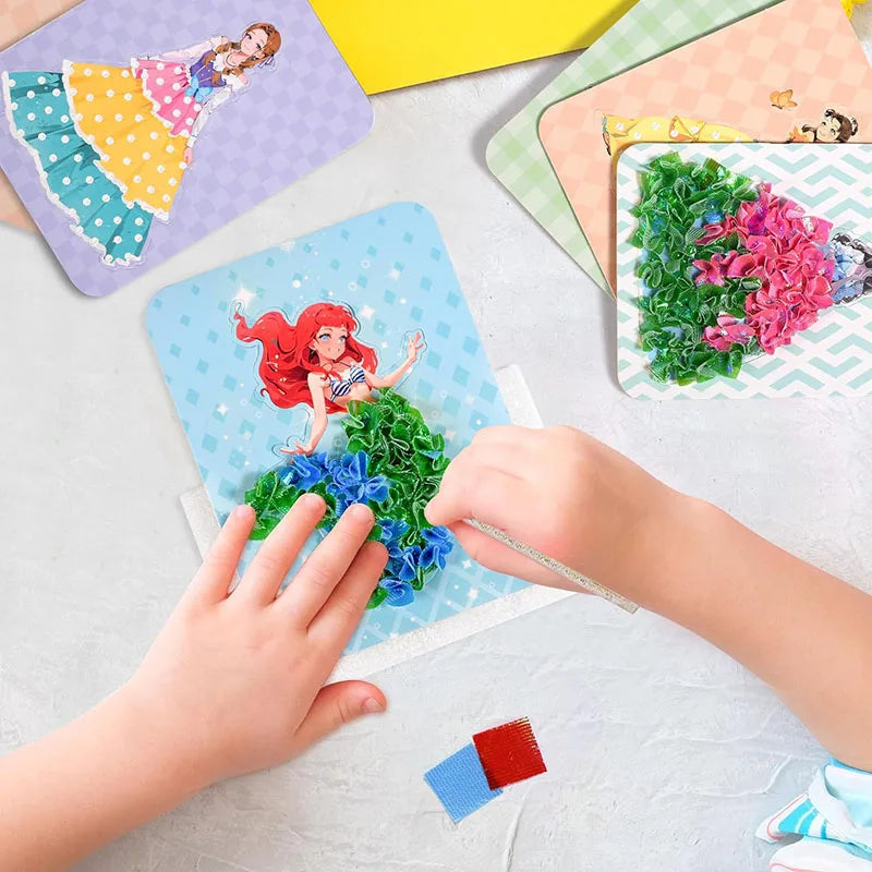 3pcs Princess Poking Art Craft Kit – DIY Sticker Fabric Cards for Kids – Creative Puzzle Painting and Dressing Game Toy