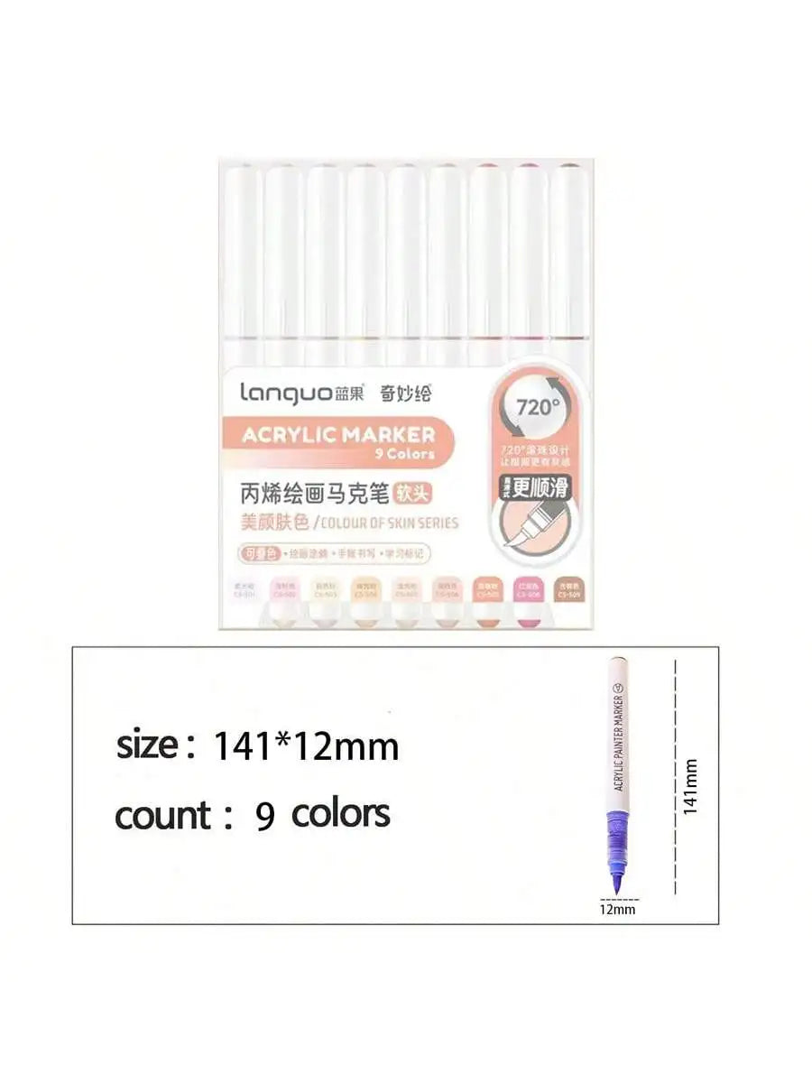 Languo 9-Piece Soft Brush Acrylic Marker Pen Set – DIY Art Markers for Hand Drawing, Painting, and Graffiti (M720)