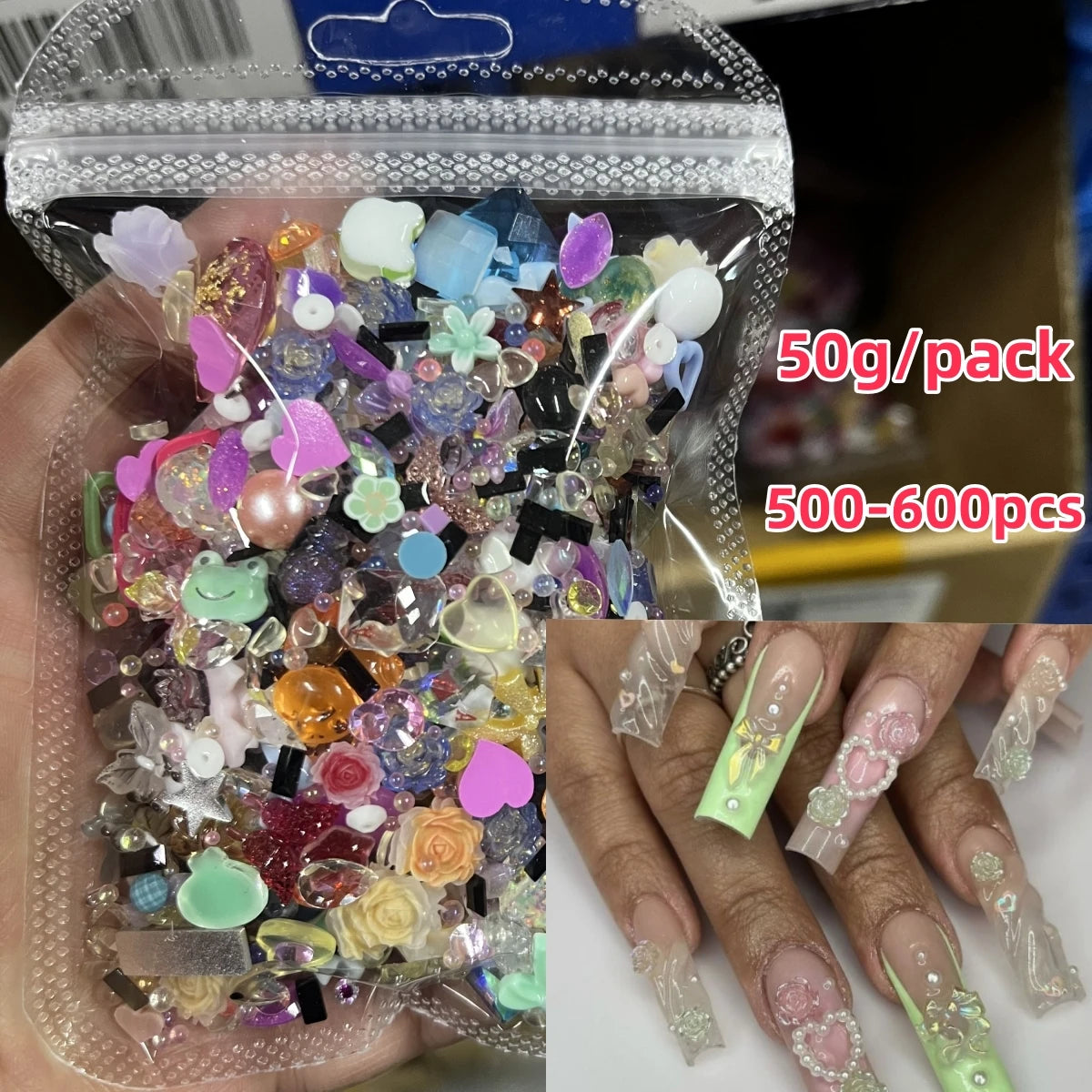 500–600pcs Mixed Resin Nail Art Charms – Y2K Flower, Heart, and Bear Decorations for DIY Manicure Accessories