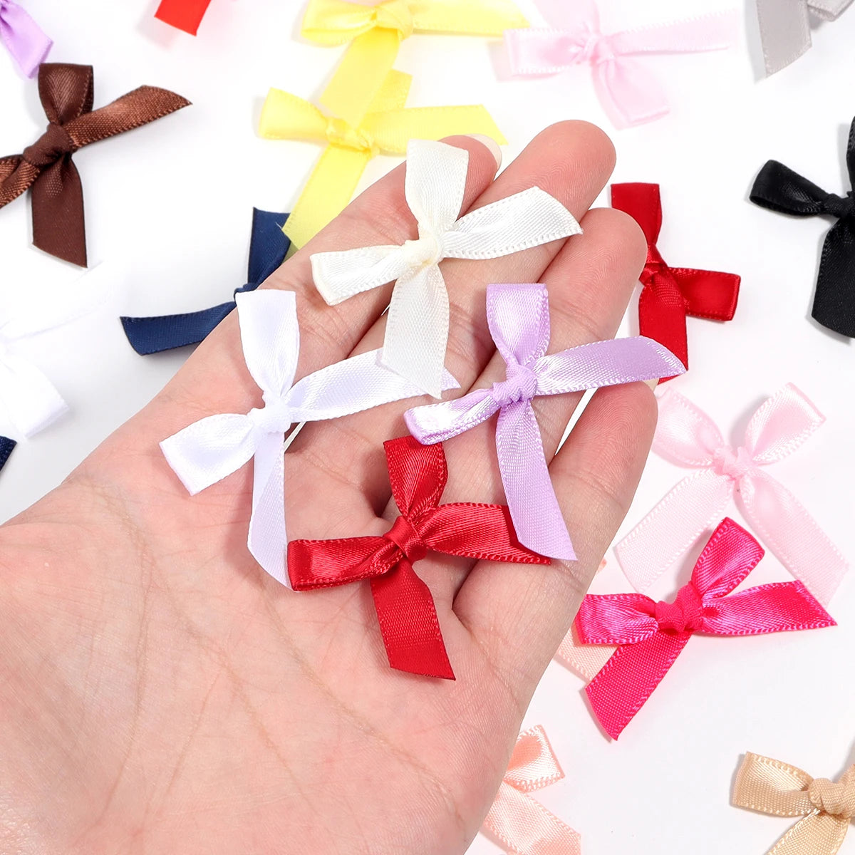 50pcs Satin Ribbon Bows – Colorful Polyester Handmade Bows for DIY Sewing, Crafts, Gift Wrapping, Bouquets, and Party Decorations