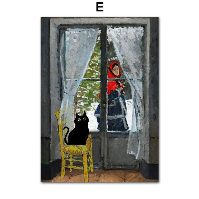Funny Black Cat Art Prints – Matisse, Monet, Van Gogh Parody Canvas Posters – Whimsical Wall Decor for Living Room or Gallery Wall