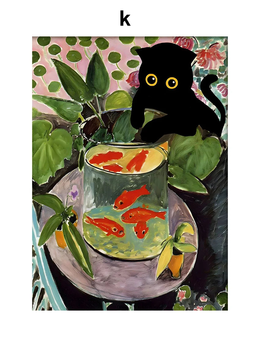Funny Black Cat Art Prints – Matisse, Monet, Van Gogh Parody Canvas Posters – Whimsical Wall Decor for Living Room or Gallery Wall