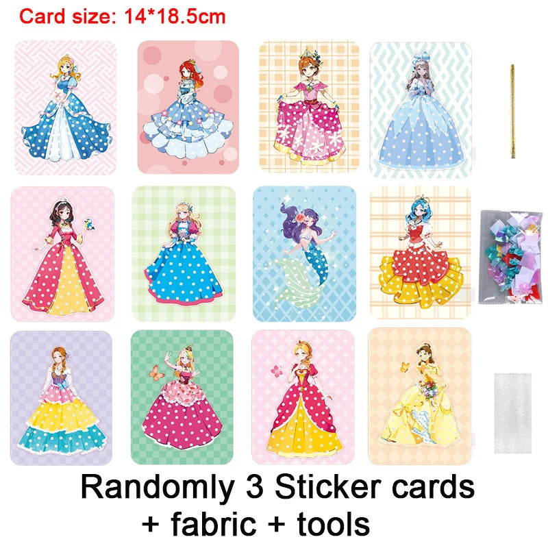 3pcs Princess Poking Art Craft Kit – DIY Sticker Fabric Cards for Kids – Creative Puzzle Painting and Dressing Game Toy